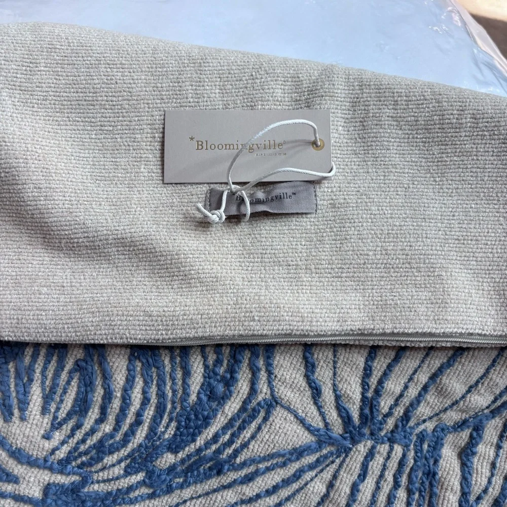 Bloomingville, Natural and Blue Azure Lines Embroidered Cotton Pillow 20 x 20”